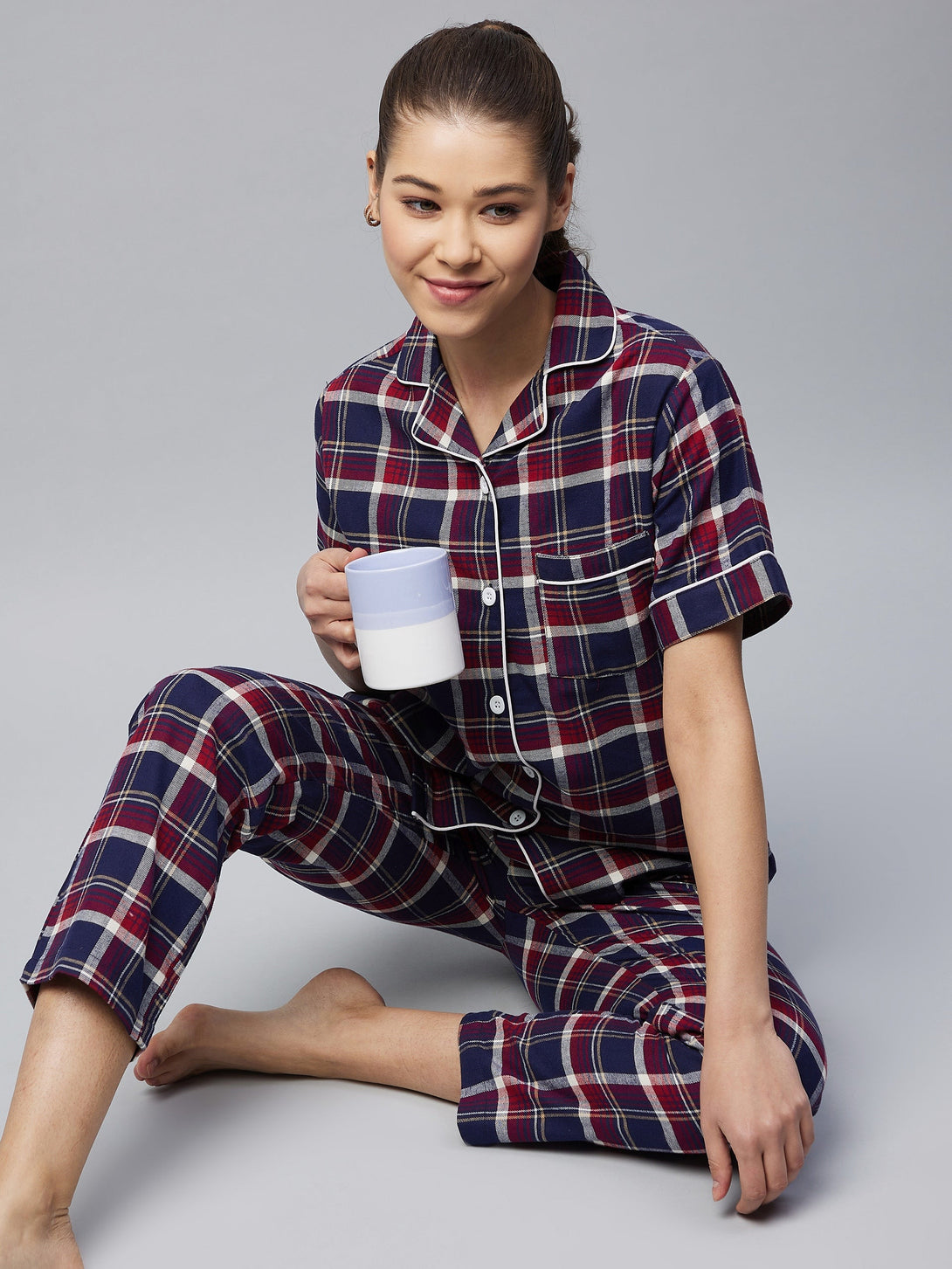 Women's Cotton Navy & Maroon Checkered Night Suit - Stylestone