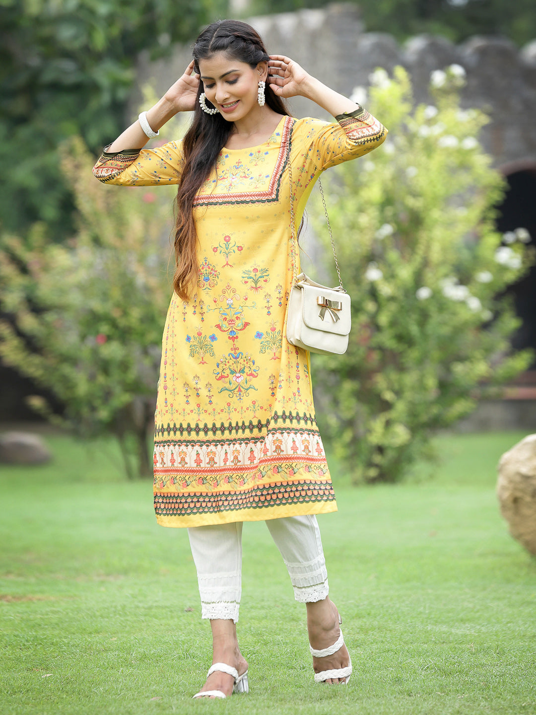 Women's Yellow Crepe Casual Wear Digital Printed Straight Kurta - Juniper