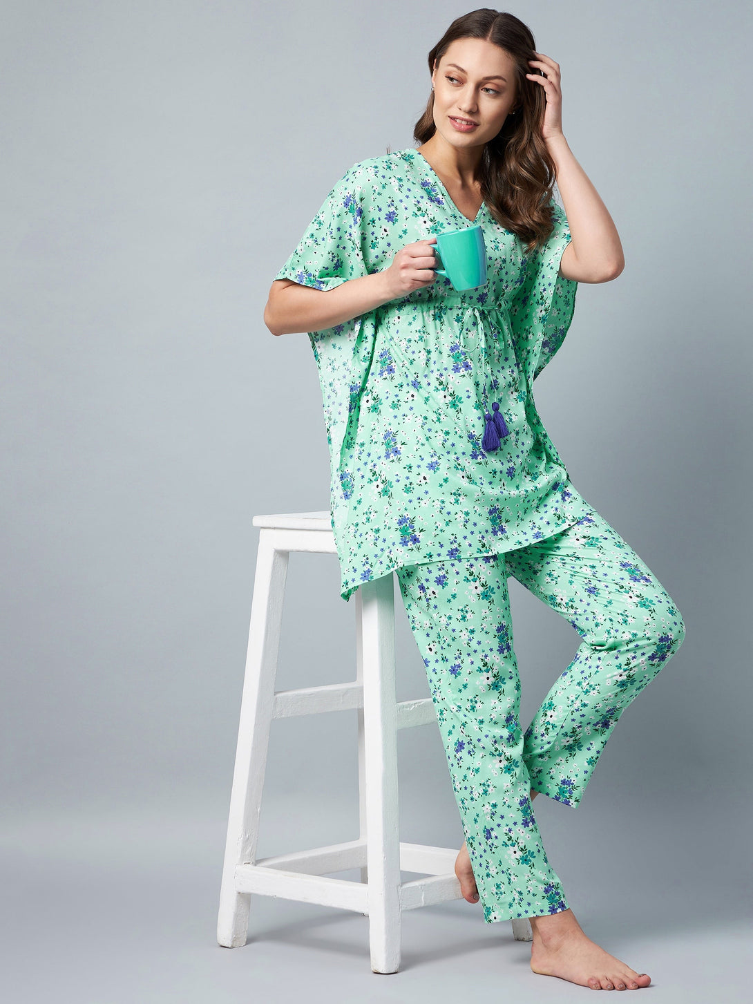 Women's Green & Blue Floral Printed Kaftan Style  Set - Stylestone