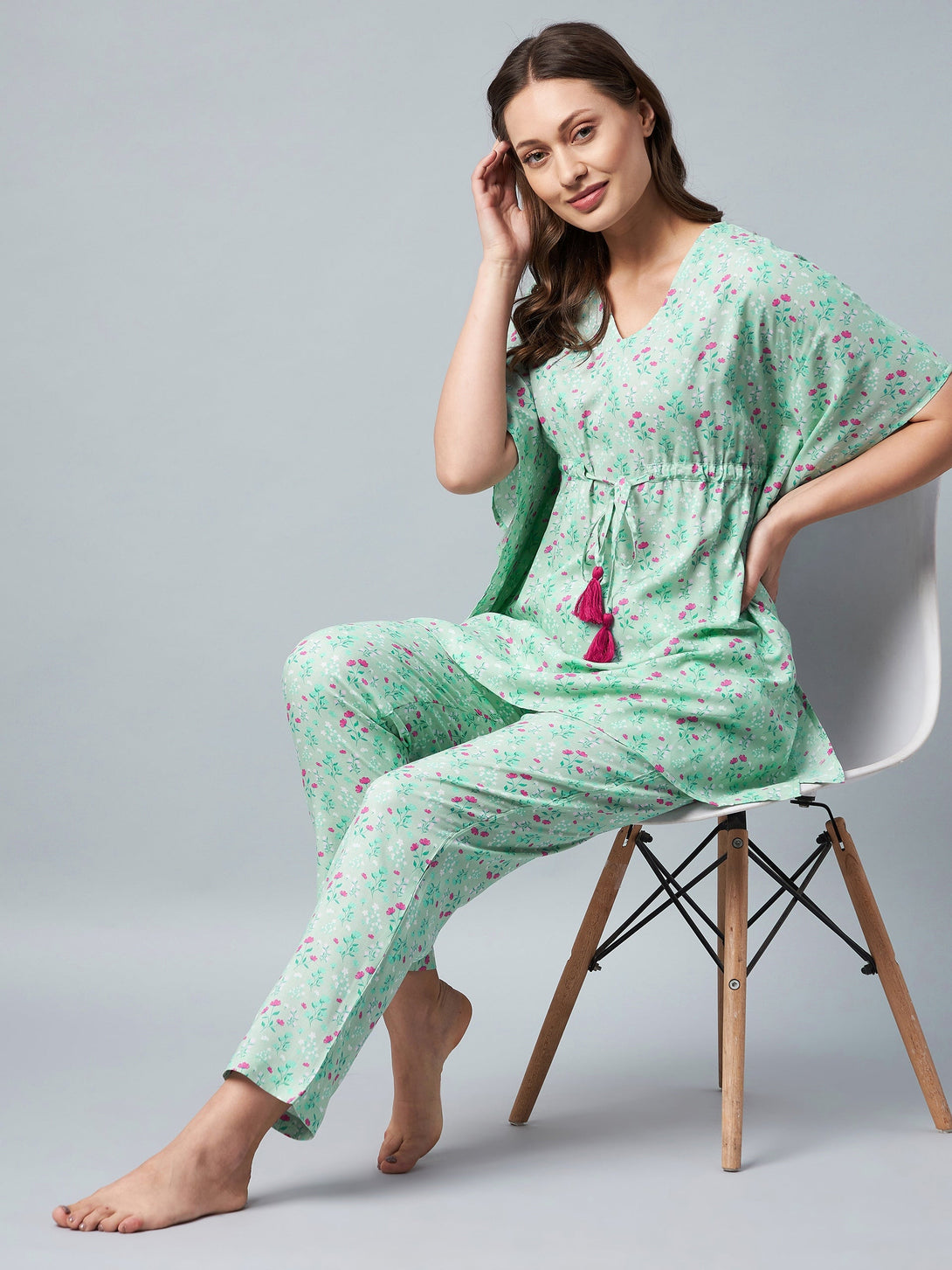 Women's Green & Pink Floral Printed Kaftaan Style  Set - Stylestone