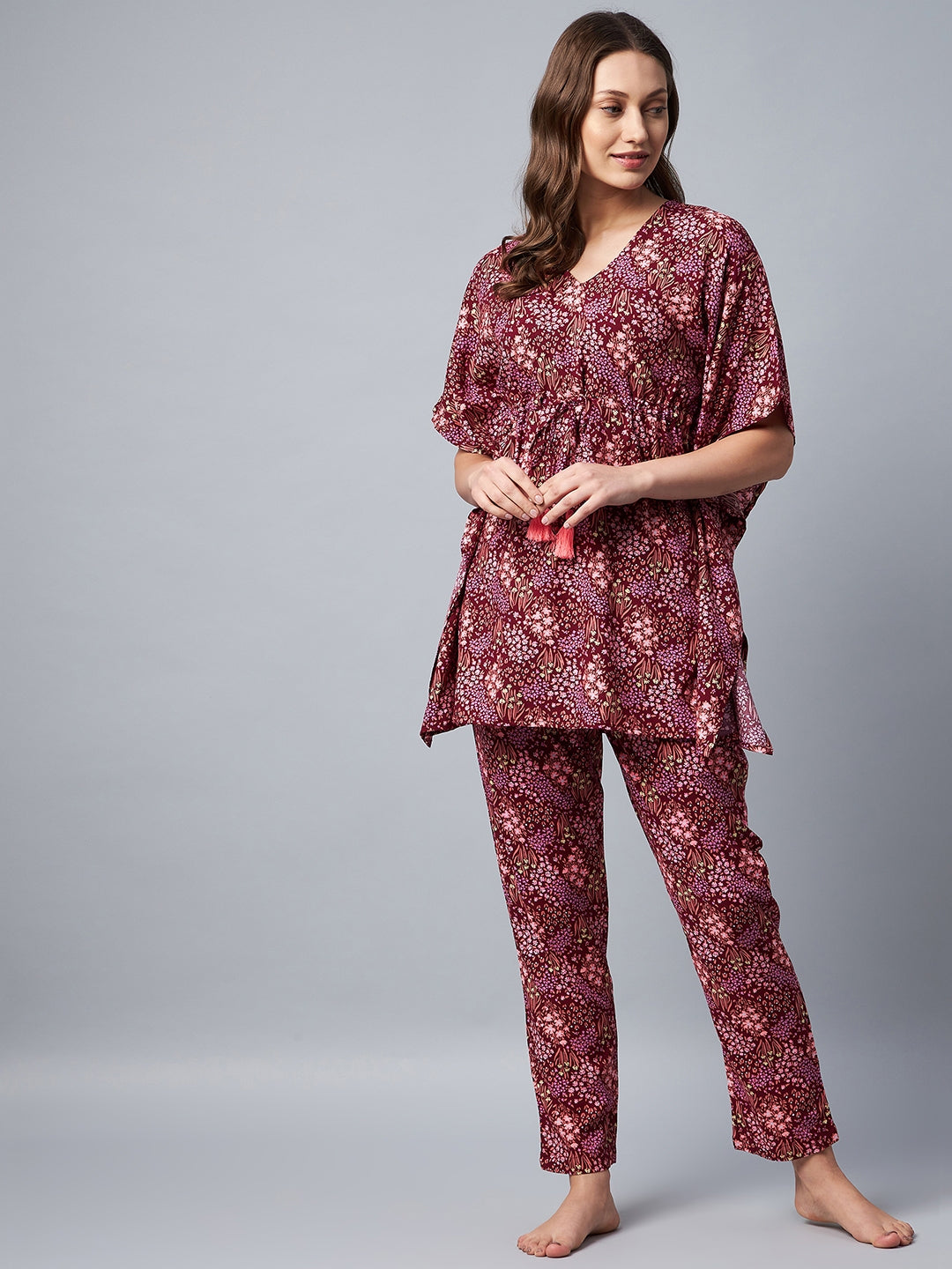 Women's Maroon Floral Printed Kaftan Set - Stylestone