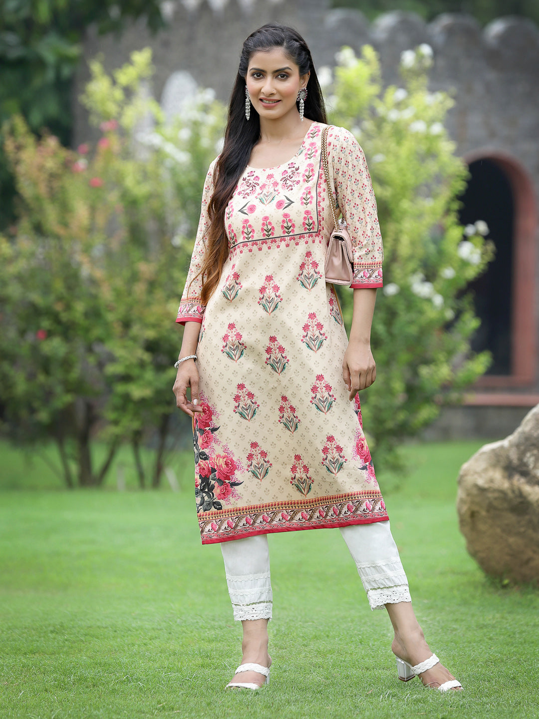 Women's Beige Crepe Casual Wear Digital Printed Straight Kurta - Juniper