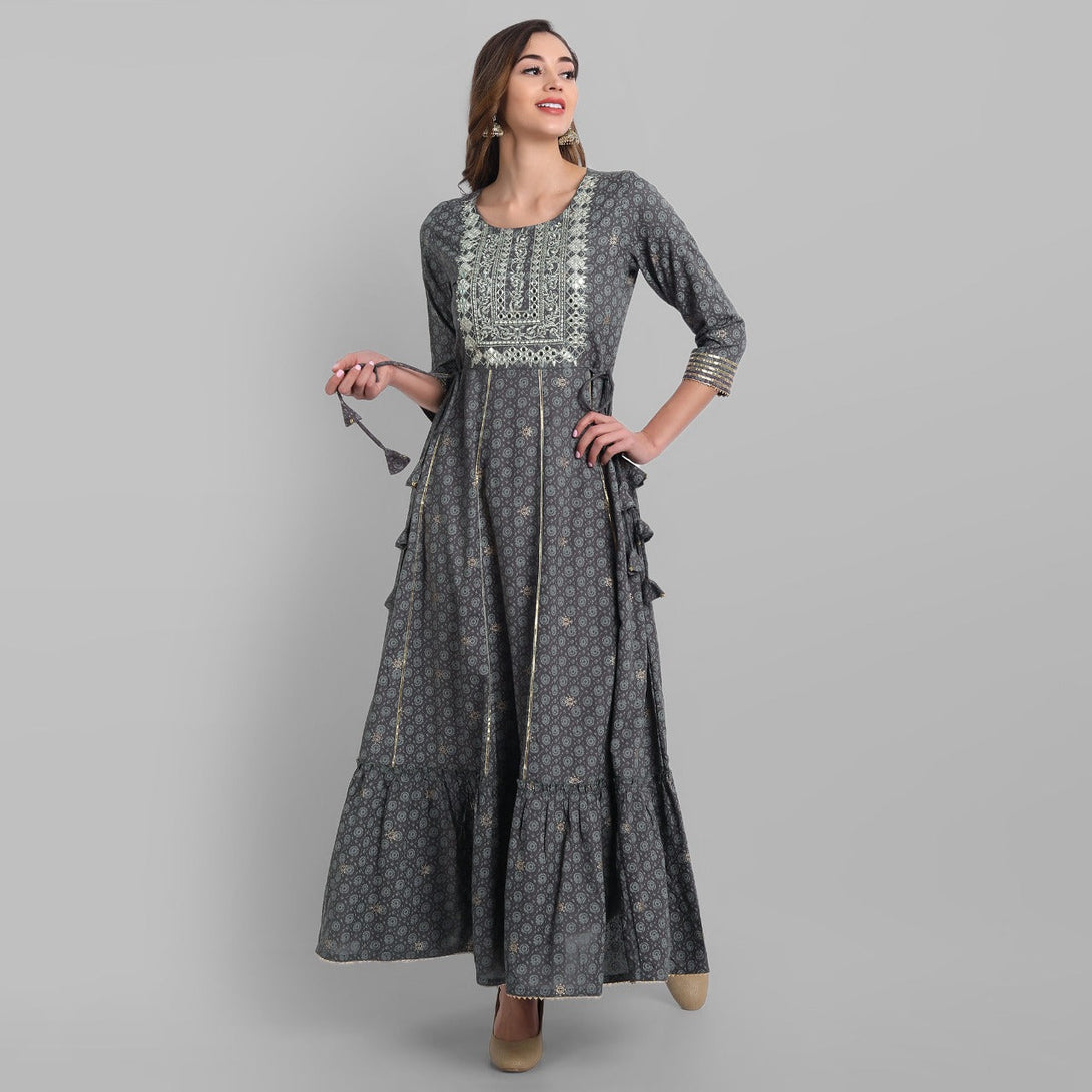 Women's Grey Rayon Festive Wear Embroidered Tiered Long Dress - Juniper