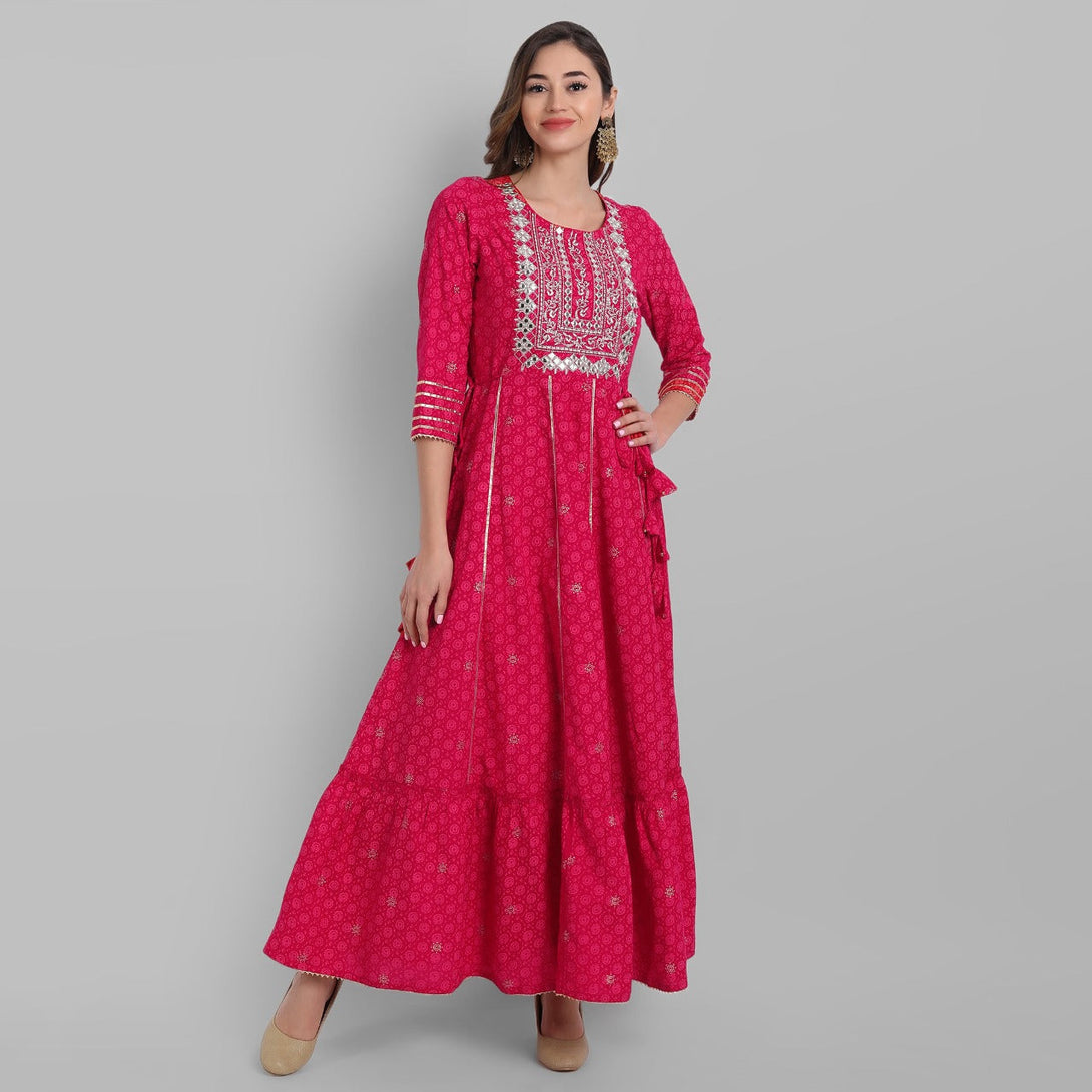 Women's Fuchsia Rayon Festive Wear Embroidered Tiered Long Dress - Juniper