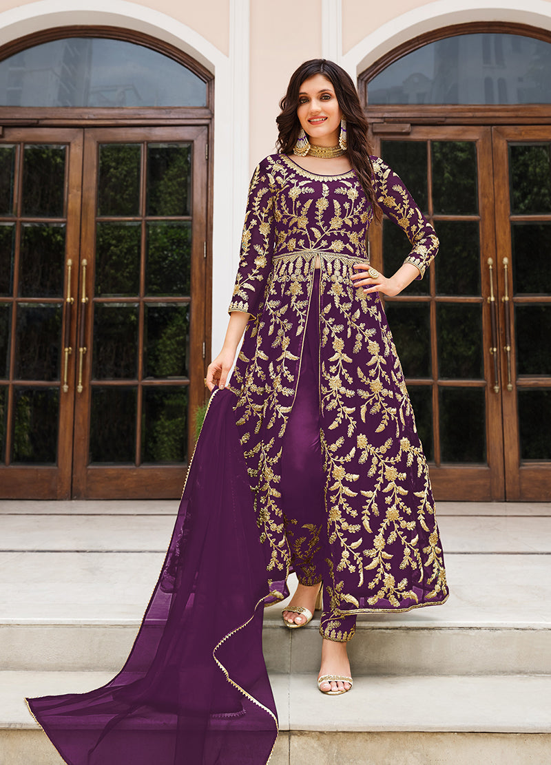 Women's Dark Purple Color Soft Net Semi Stitched Embroidered Salwar Suit - Monjolika