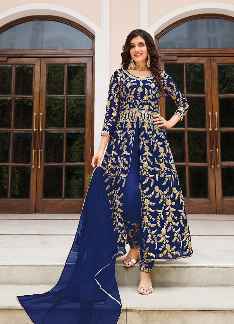 Women's Dark Blue Color Soft Net Semi Stitched Embroidered Salwar Suit - Monjolika