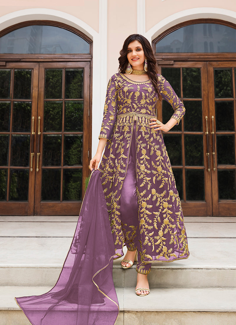 Women's Mauve Color Soft Net Semi Stitched Embroidered Salwar Suit - Monjolika