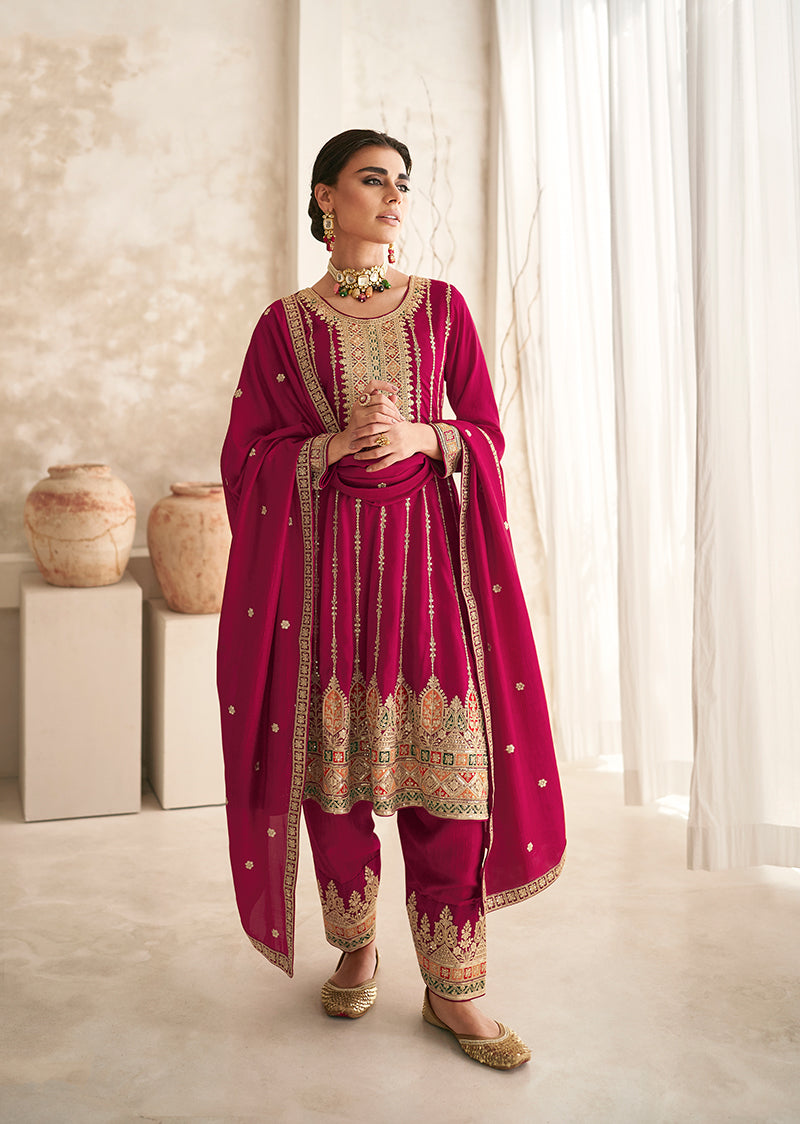 Women's Crimson Color Premium Silk Embroidered Stitched Designer Suit - Monjolika