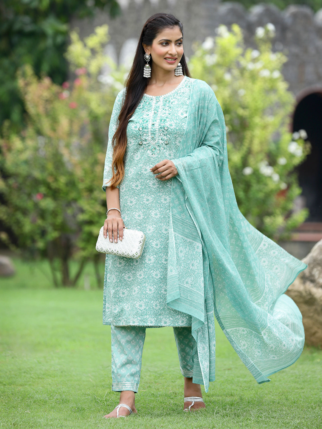 Women's Blue Cotton Cambric Festive Printed Kurta Set - Juniper