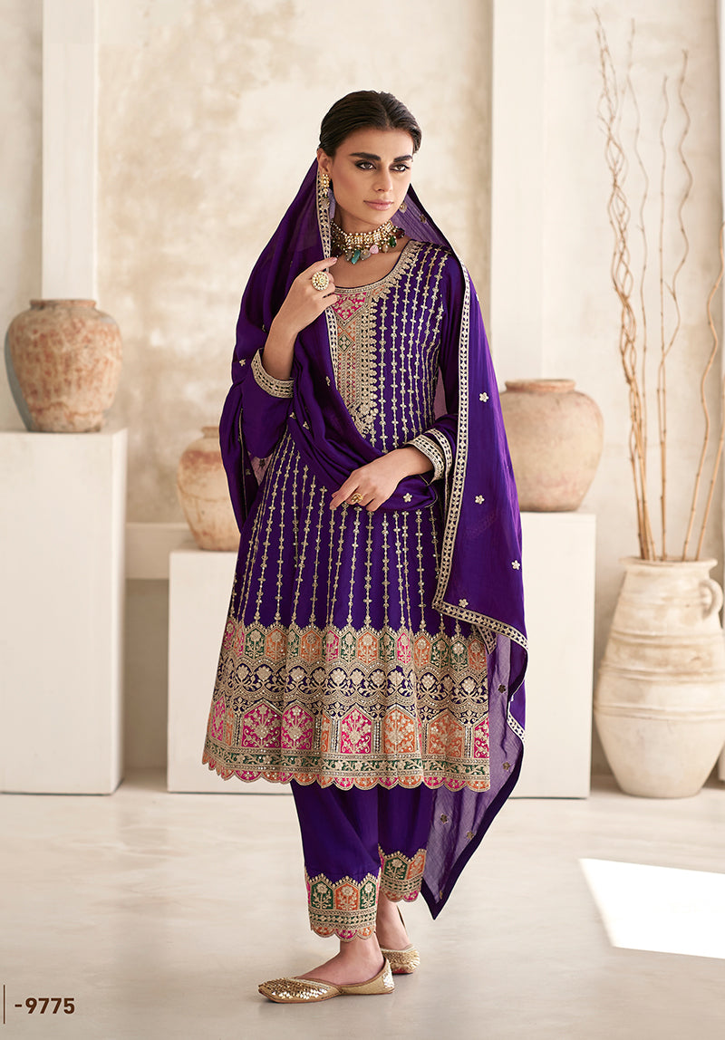 Women's Violet Color Premium Silk Embroidered Stitched Designer Suit - Monjolika