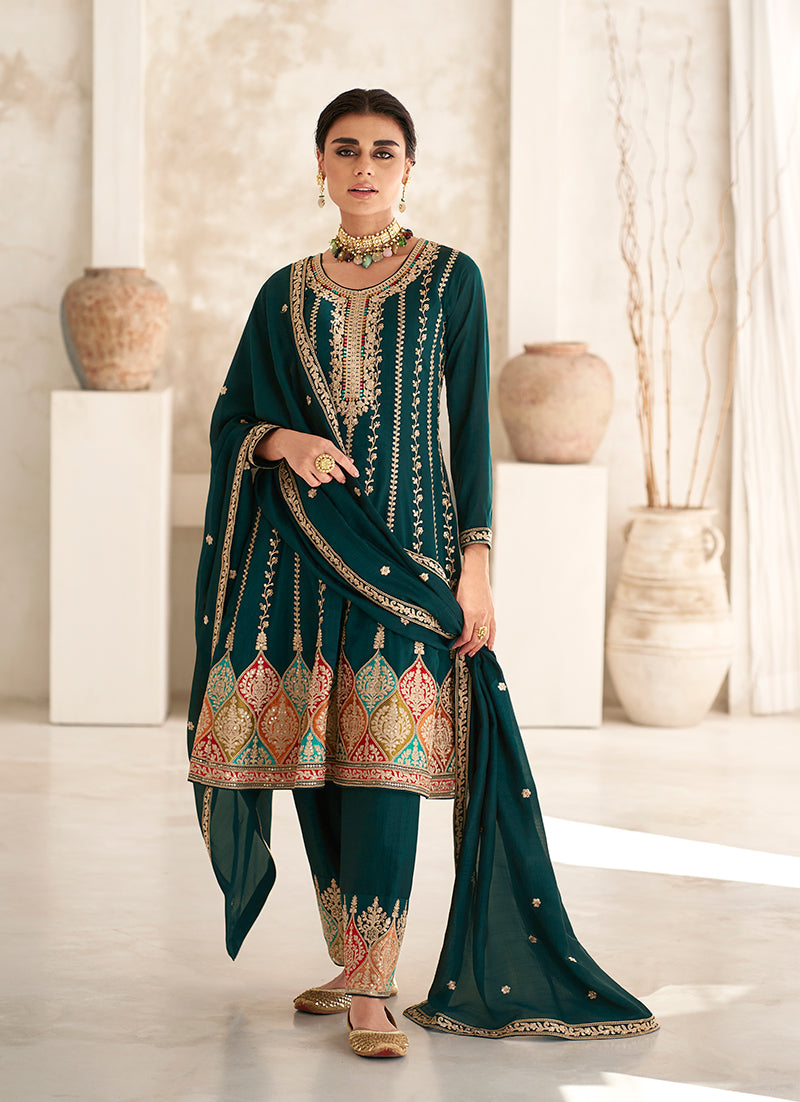 Women's Dark Green Color Premium Silk Embroidered Stitched Designer Suit - Monjolika