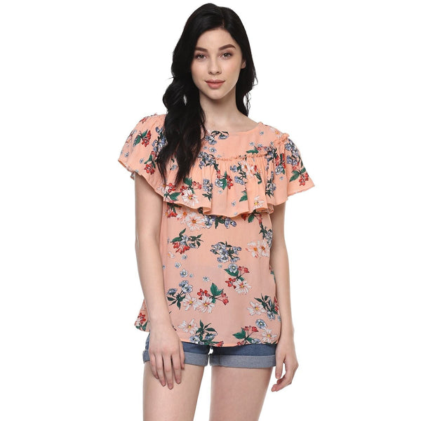 Women's Floral Top With Gathered Neck Flare - Pannkh