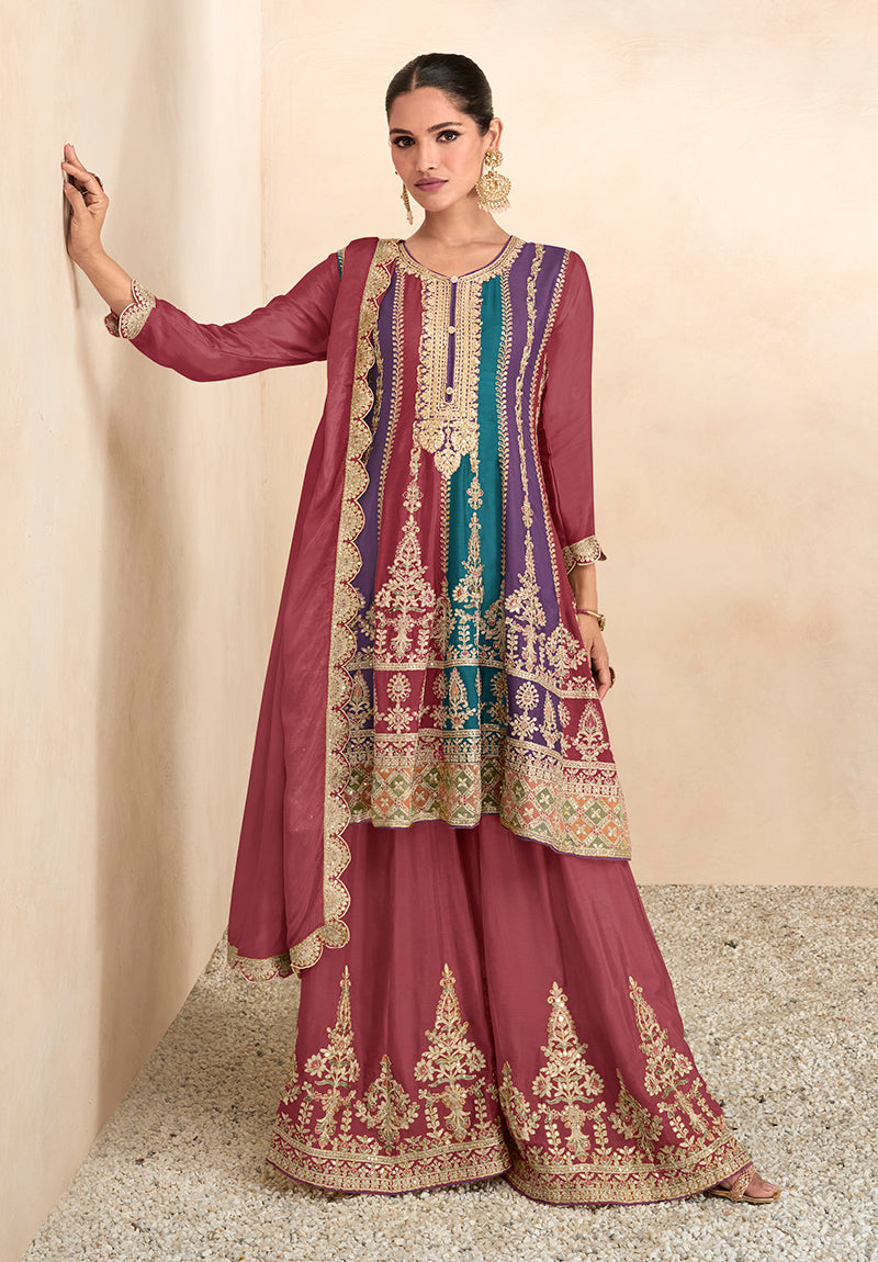 Women's Multicolor Chinon Silk Embroidered Stitched Designer Suit - Monjolika