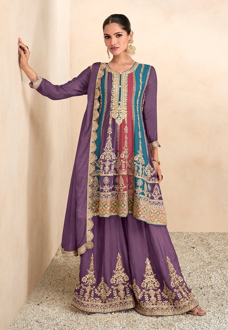 Women's Multicolor Chinon Silk Embroidered Stitched Designer Suit - Monjolika