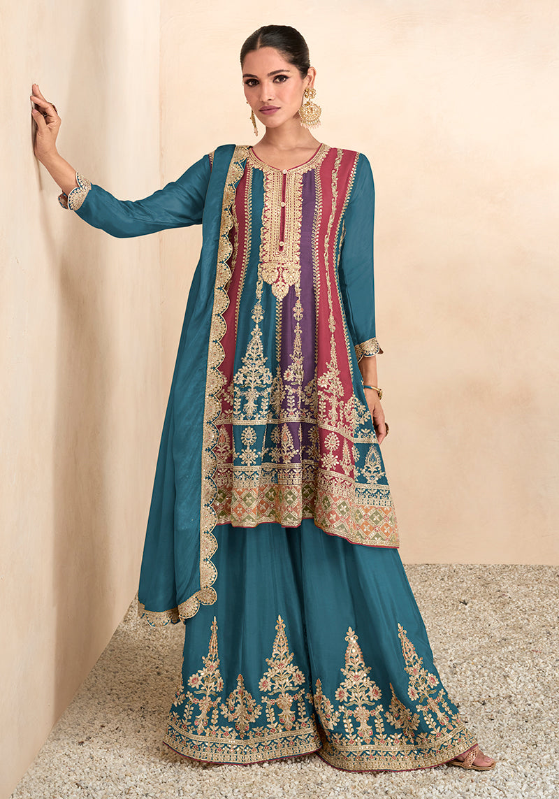 Women's Multicolor Chinon Silk Embroidered Stitched Designer Suit - Monjolika