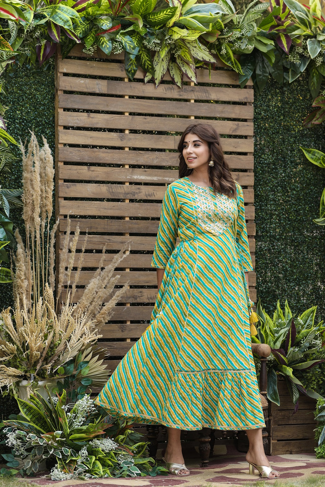 Women's Cotton Cambric Green Printed Flared Festive Long Dress - Juniper