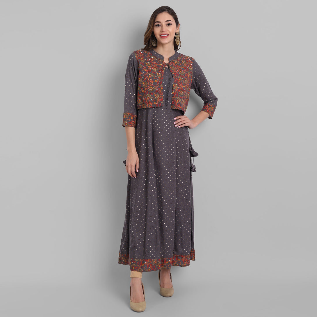 Women's Grey Rayon Printed Flared Dress - Juniper