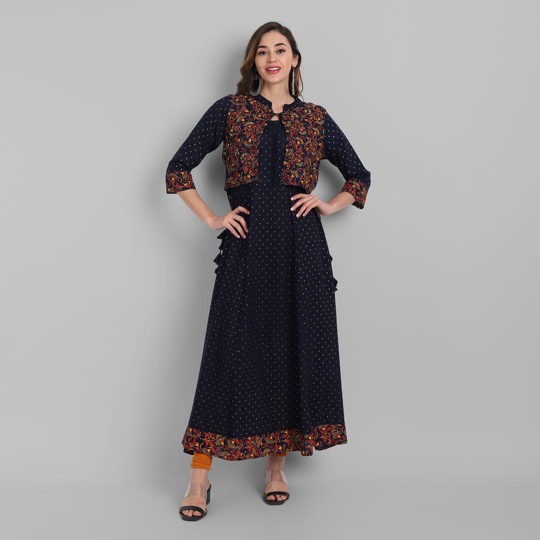 Women's Navy Rayon Printed Flared Dress - Juniper