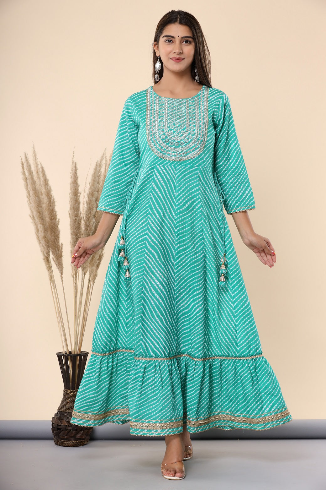 Women's Green Printed Embroidered Mirror Work Sequin Cotton Flared Dress - Juniper