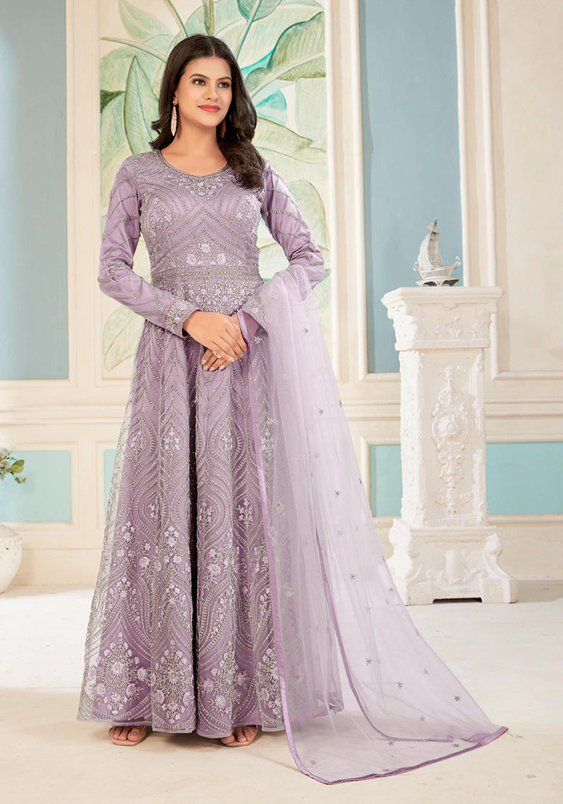 Women's Light Lilac Colour Embroidered Semi Stitched Net Anarkali Suit - Monjolika