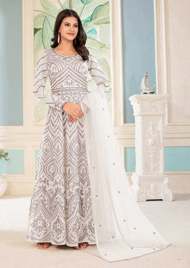 Women's Off White Colour Embroidered Semi Stitched Net Anarkali Suit - Monjolika