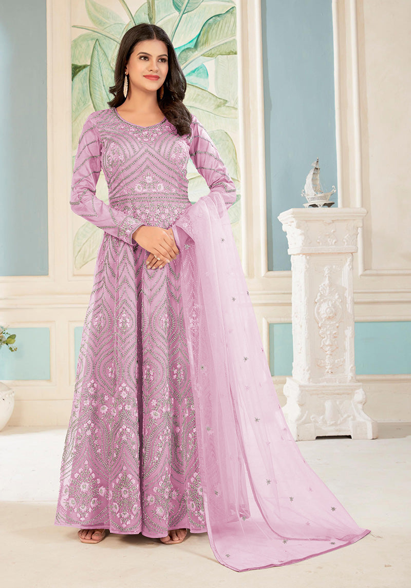 Women's Rose Pink Colour Embroidered Semi Stitched Net Anarkali Suit - Monjolika