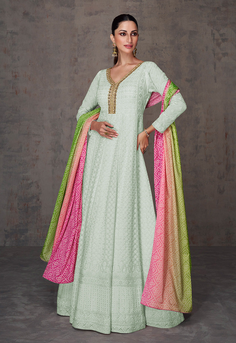 Women's Light Sea Green Colour Faux Georgette Embroidered Semi Stitched Designer Suit - Monjolika