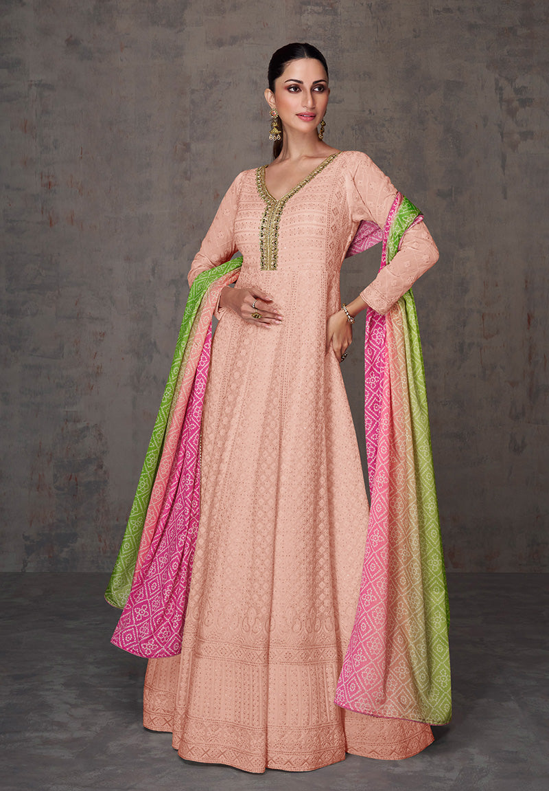 Women's Peach Colour Faux Georgette Embroidered Semi Stitched Designer Suit - Monjolika