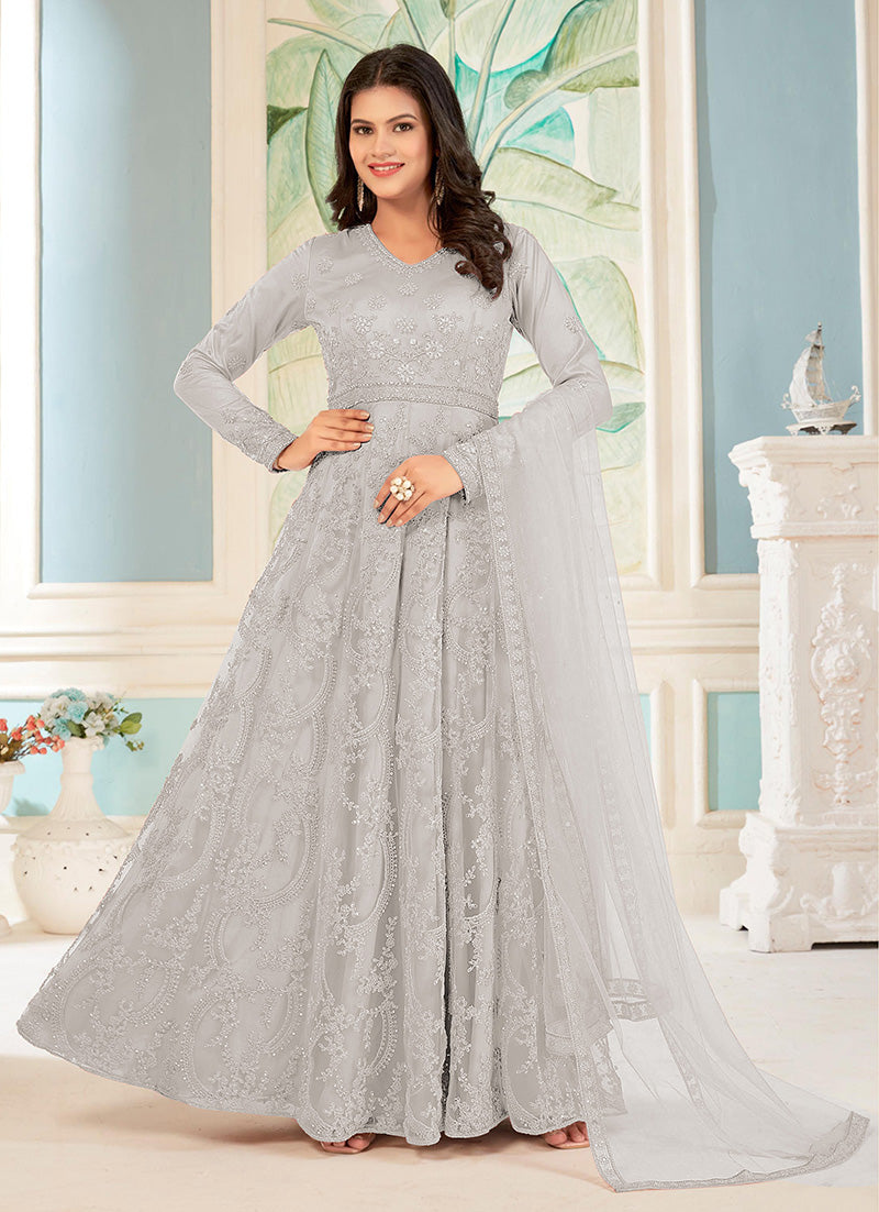 Women's Light Grey Colour Soft Net Embroidered Partywear Salwar Kameez - Monjolika