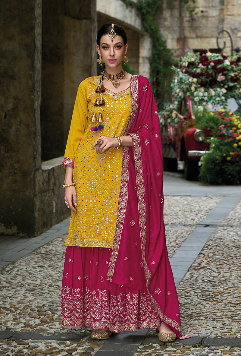 Women's Yellow Colour Premium Silk Embroidered Sharara Suit - Monjolika