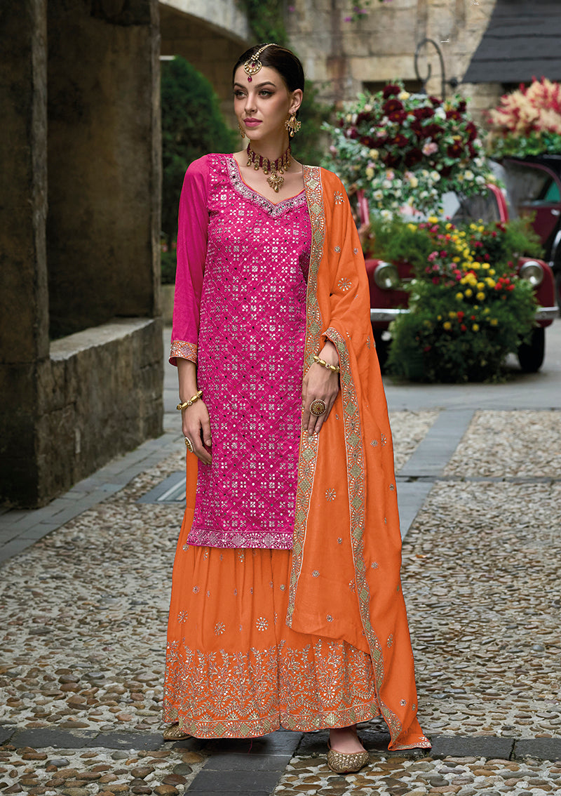 Women's Dark Pink Colour Premium Silk Embroidered Sharara Suit - Monjolika