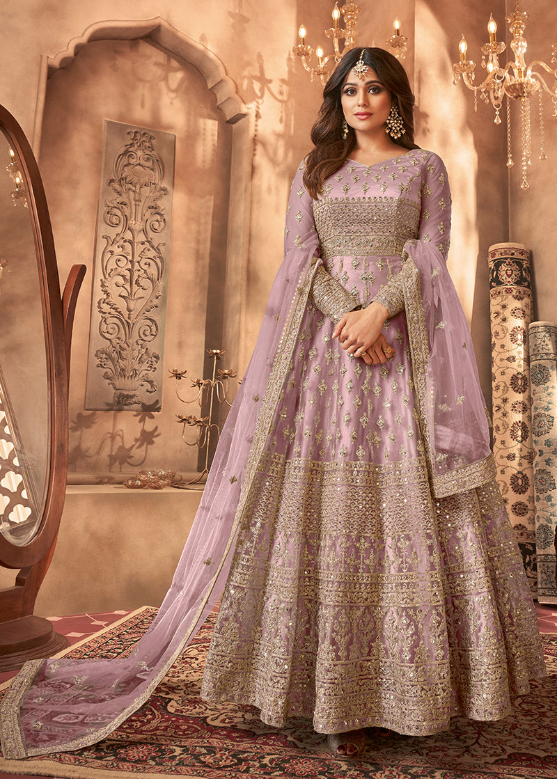 Women's Lavender Colour Embroidered Semi Stitched Net Anarkali Suit - Monjolika