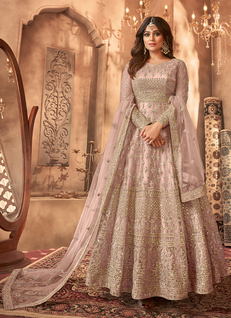 Women's Beige Colour Embroidered Semi Stitched Net Anarkali Suit - Monjolika