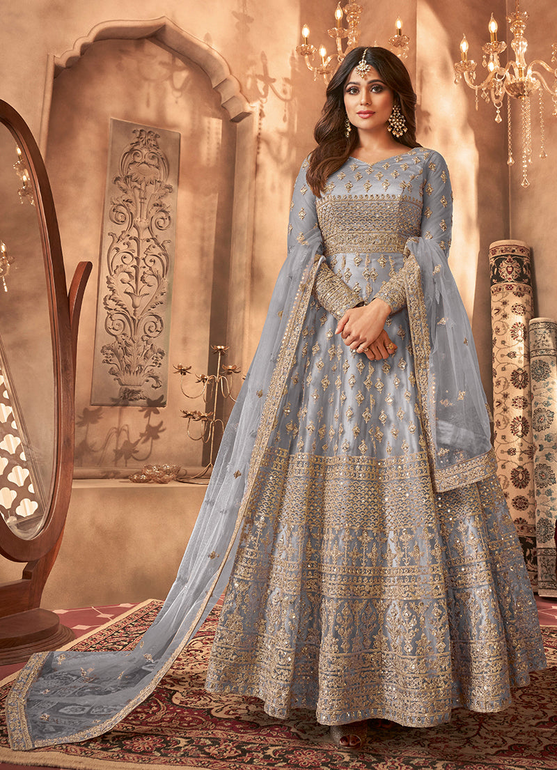 Women's Light Blue Colour Embroidered Semi Stitched Net Anarkali Suit - Monjolika