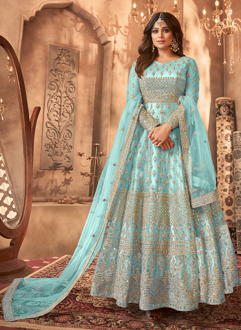 Women's Cyan Colour Embroidered Semi Stitched Net Anarkali Suit - Monjolika