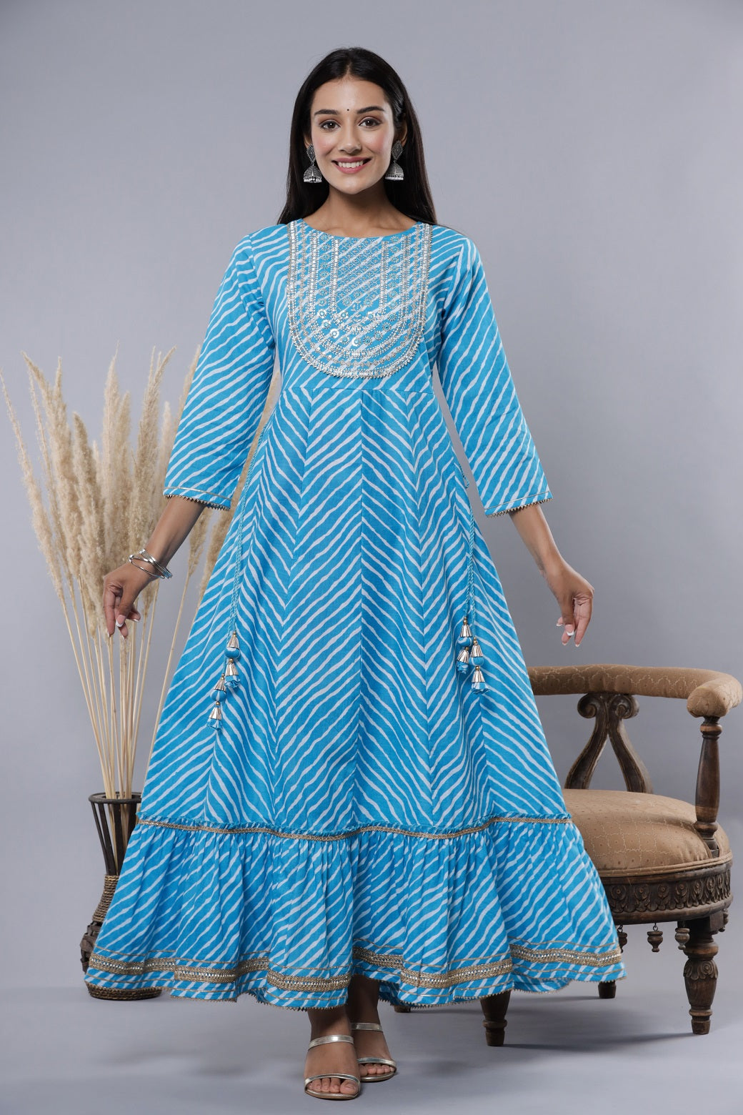 Women's Skyblue Printed Embroidered Mirror Work Sequin Cotton Flared Dress - Juniper