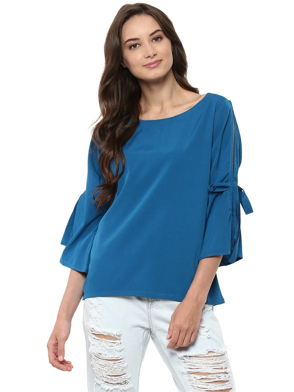 Women's Solid Top With Slit Tie-Up Bell Sleeves - Pannkh