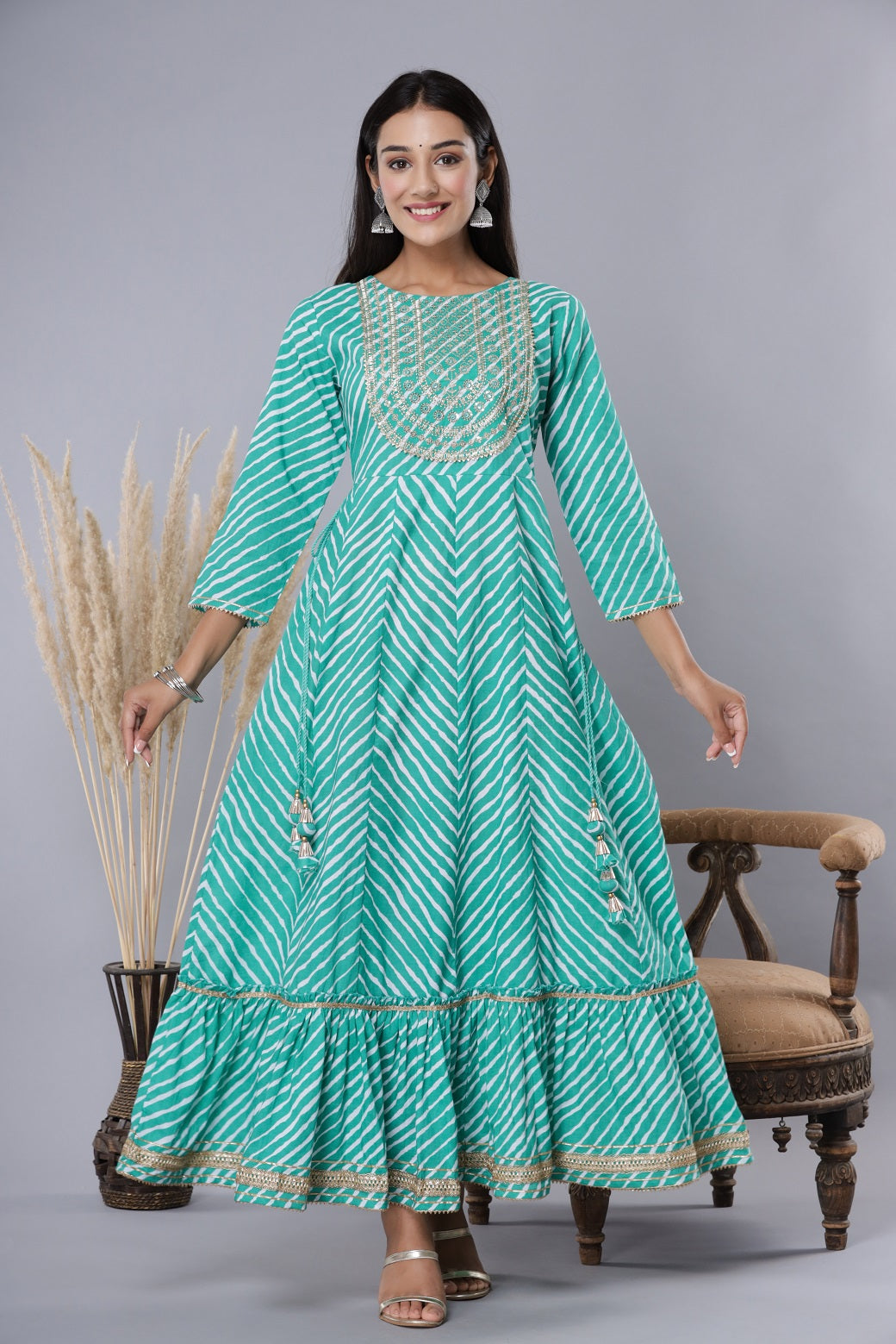 Women's Green Printed Embroidered Mirror Work Sequin Cotton Flared Dress - Juniper