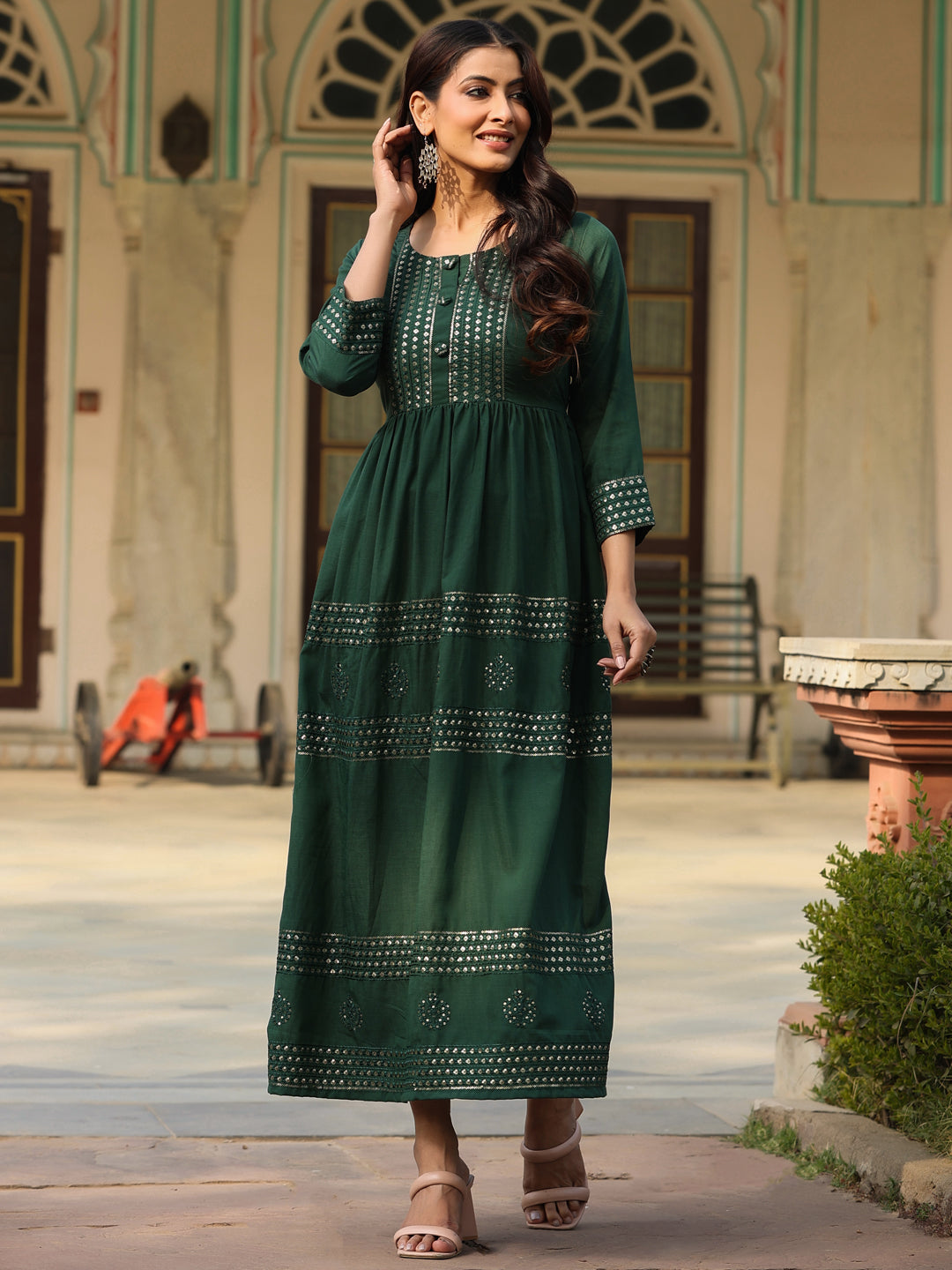 Women's Green Festive Embroiderd Flared Dress - Juniper