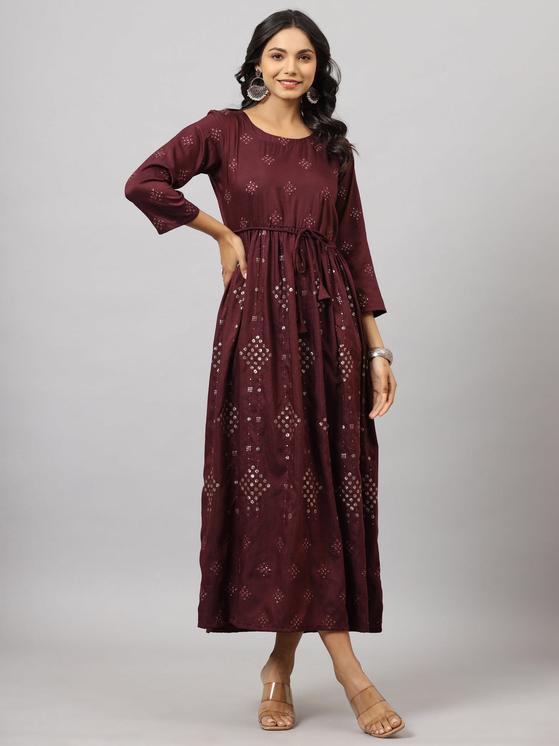 Women's Mauve Festive Printed Flared Dress - Juniper