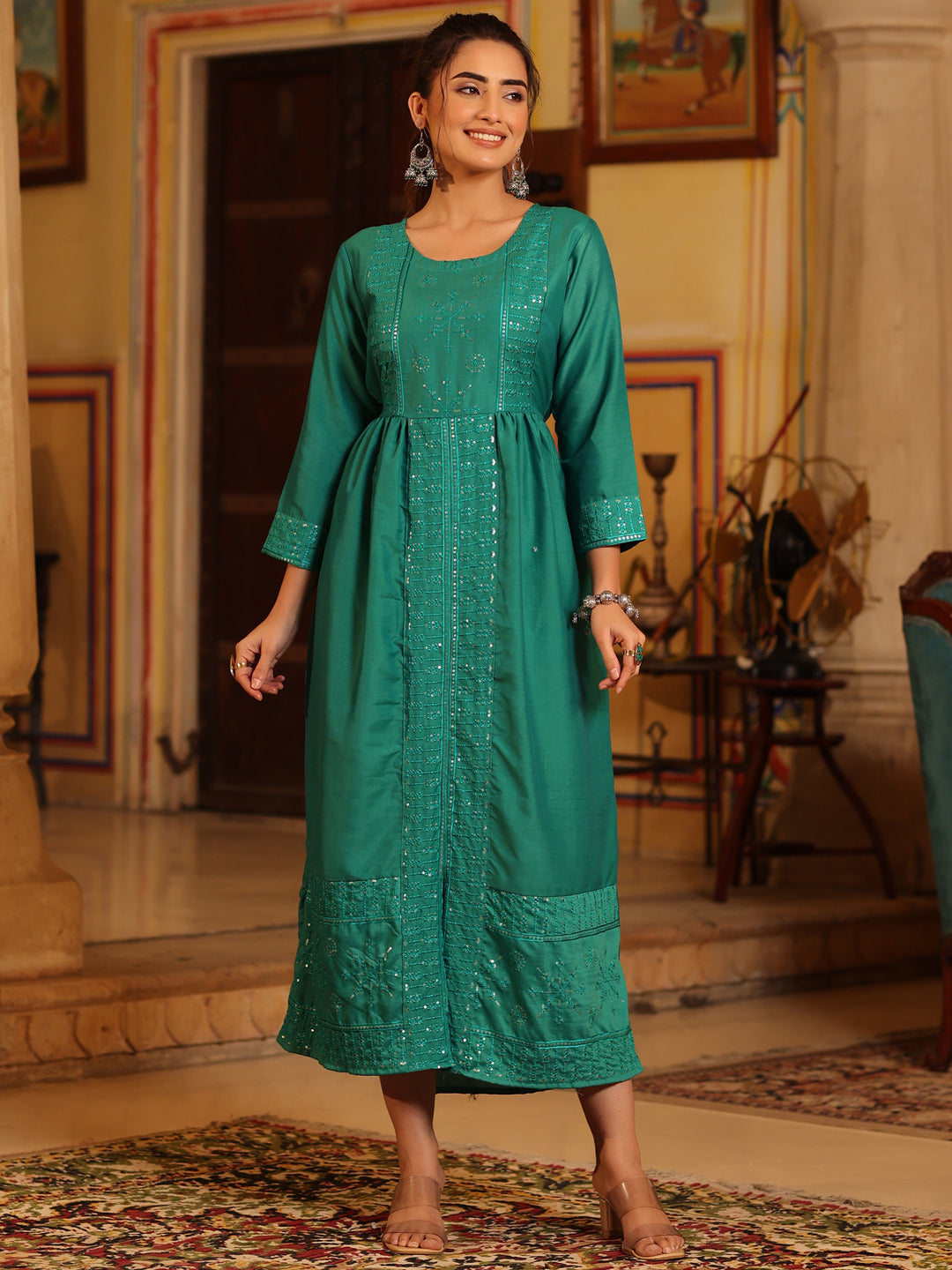 Women's Teal Festive Embroiderd Flared Dress - Juniper