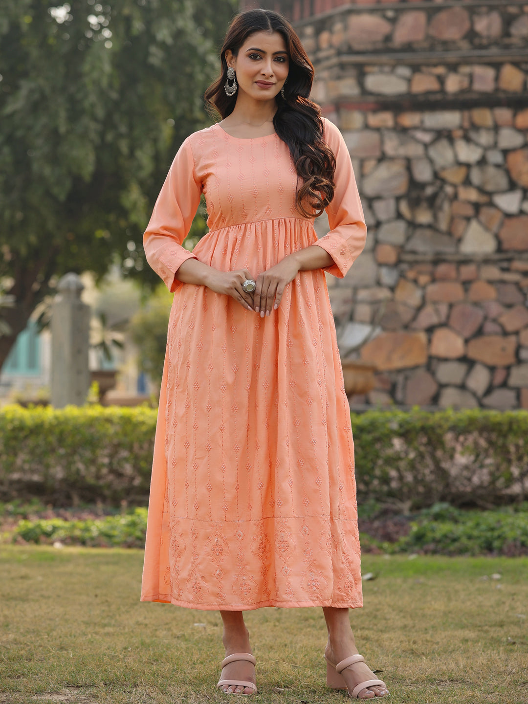 Women's Peach Festive Embroiderd Flared Dress - Juniper