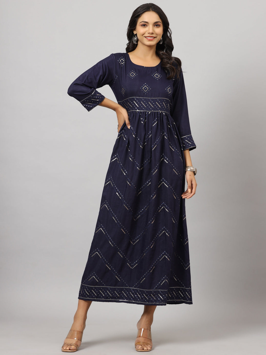 Women's Navy Festive Printed Flared Dress - Juniper