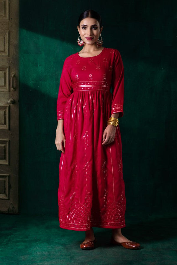 Jashvi Red Muslin Embroidered Maxi Dress With Dori Tie Up & Tassels At Waist