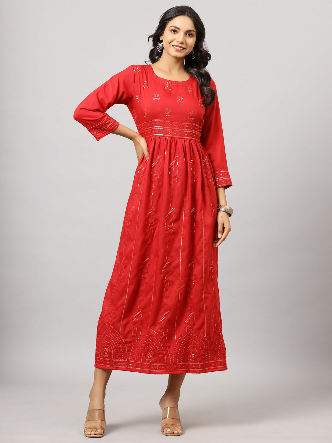 Women's Red Festive Printed Flared Dress - Juniper