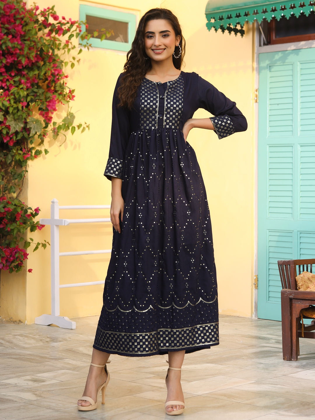 Women's Navy Festive Embroidered Flared Dress - Juniper