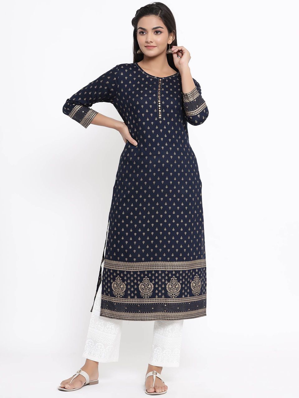 Women's Navy Blue Printed Kurta - Yufta