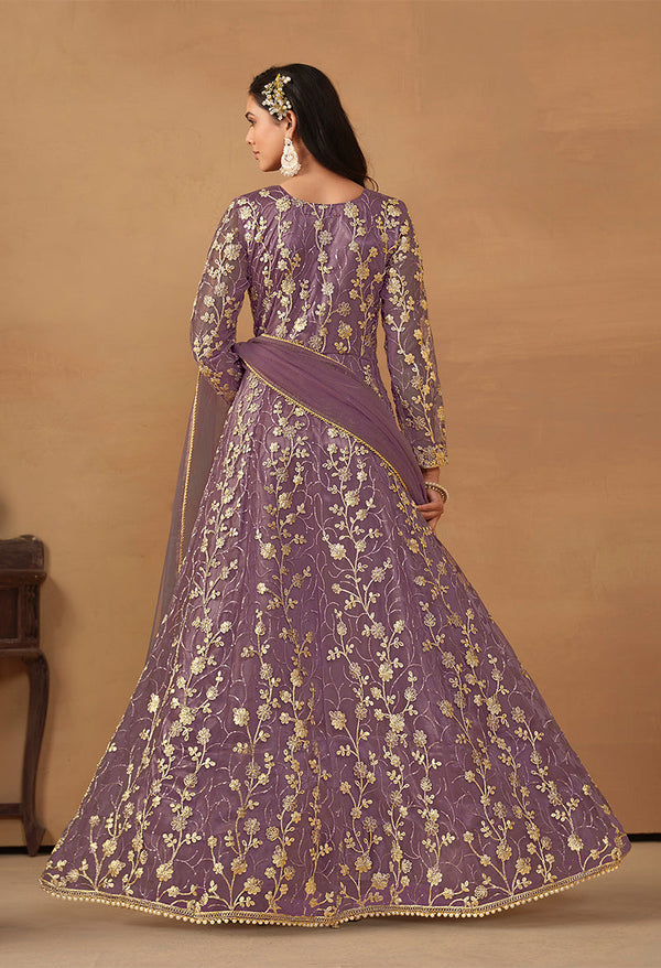 Women's Net Embroidered Pant Style Suit In Purple - Monjolika