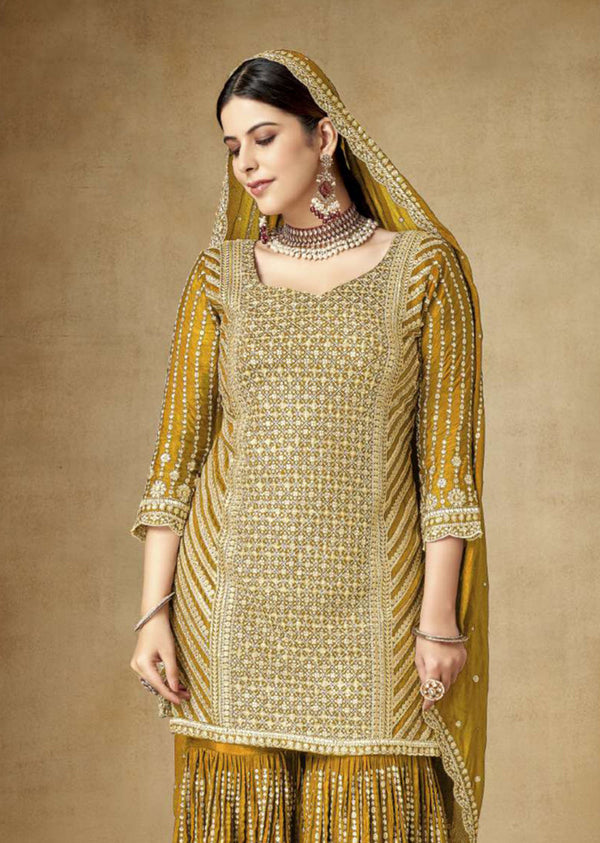 Women's Mustard Colour Embroidered Semi Stitched Chinon Silk Sharara Suit - Monjolika