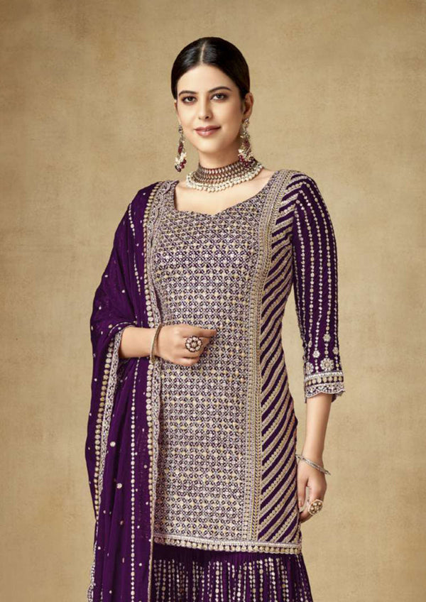 Women's Dark Violet Colour Embroidered Semi Stitched Chinon Silk Sharara Suit - Monjolika